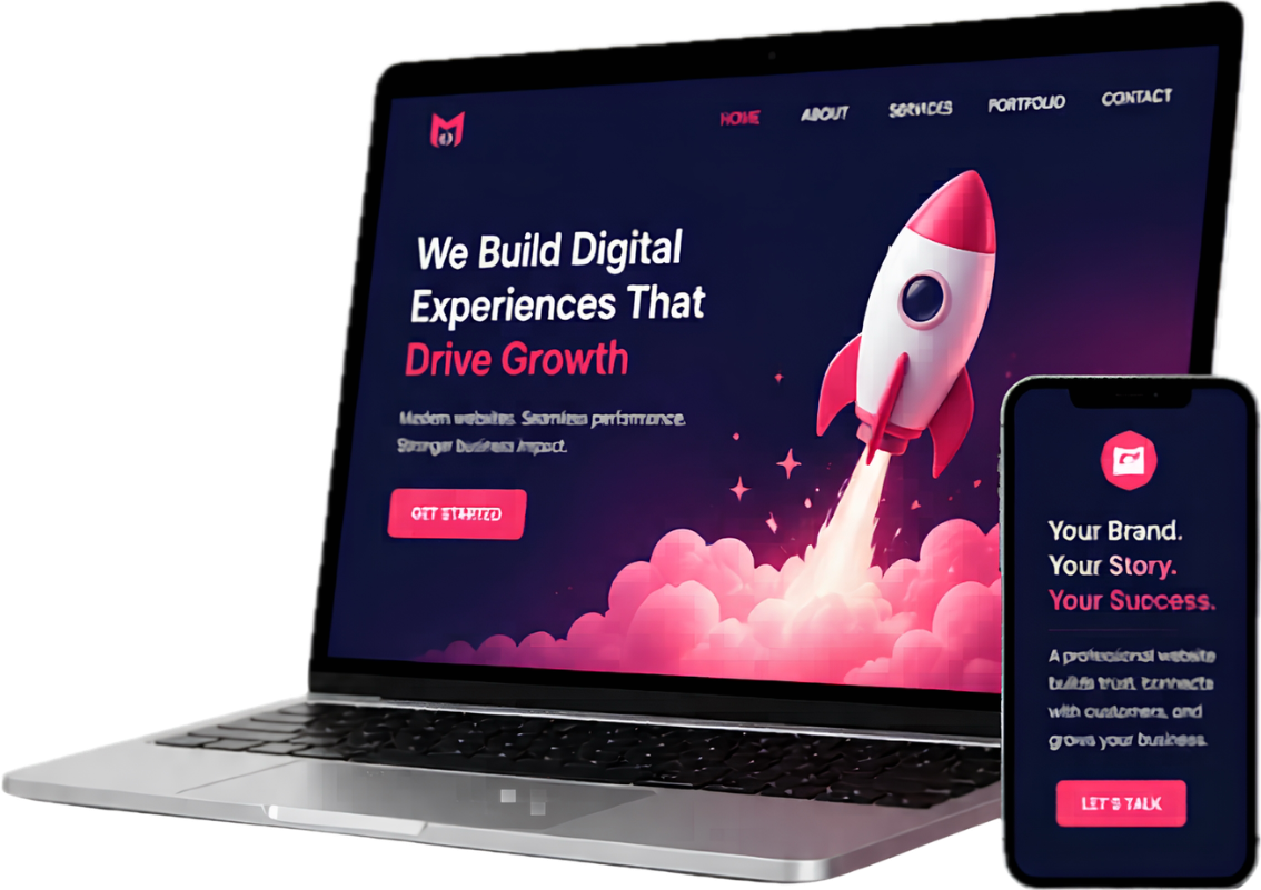 Website mockup showing rocket launch with laptop and mobile